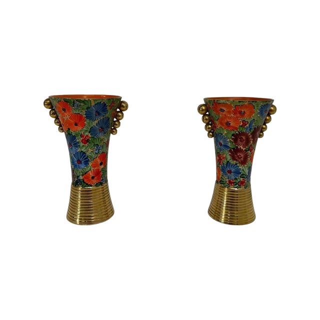 Italian Art Deco Flowers Painted Ceramic Vases, 1940s, Set of 2 For Sale