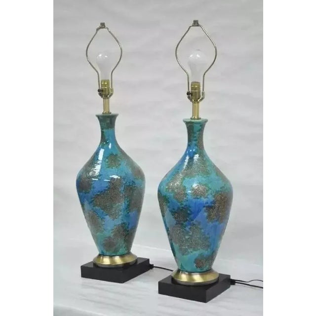 Mid Century Italian Modern Blue Glazed Ceramic Pottery "Earth" Table Lamp - Pair For Sale - Image 10 of 10