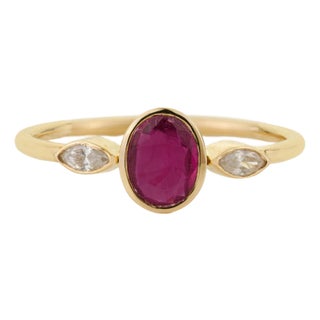 Modern Ruby & Marquise Diamond Three-Stone Bezel Set Ring 14k Yellow Gold Size 8 For Sale