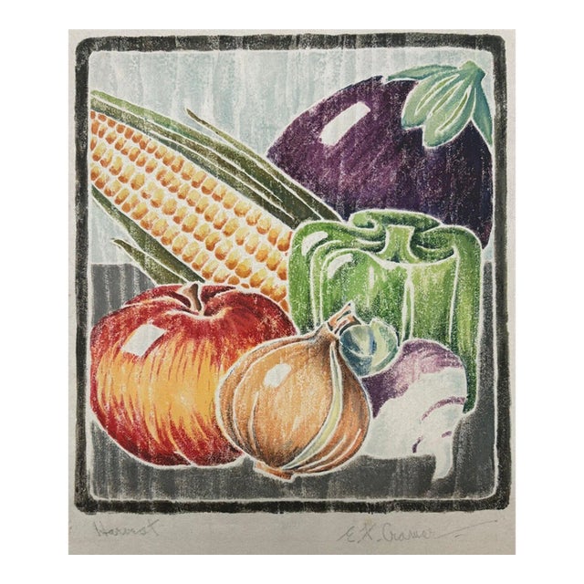 Vintage E.f. Cramer Harvest Still Life Fruit & Veggies White Line Woodcut Print For Sale