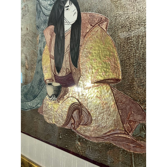 Gold 1980s Large Asian Mixed Media Framed Art Signed Mikulas Kravjansky For Sale - Image 8 of 12