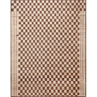 Modern Moroccan Inspired Brown Cream Checkerboard Design Area Rug For Sale