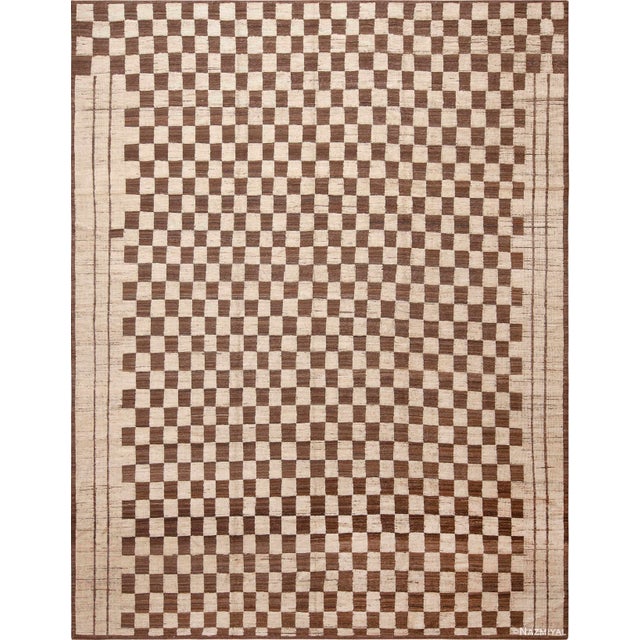Modern Moroccan Inspired Brown Cream Checkerboard Design Area Rug For Sale