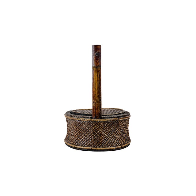 Chinese Antique Chinese Wood & Woven Food Basket With Lid For Sale - Image 3 of 15