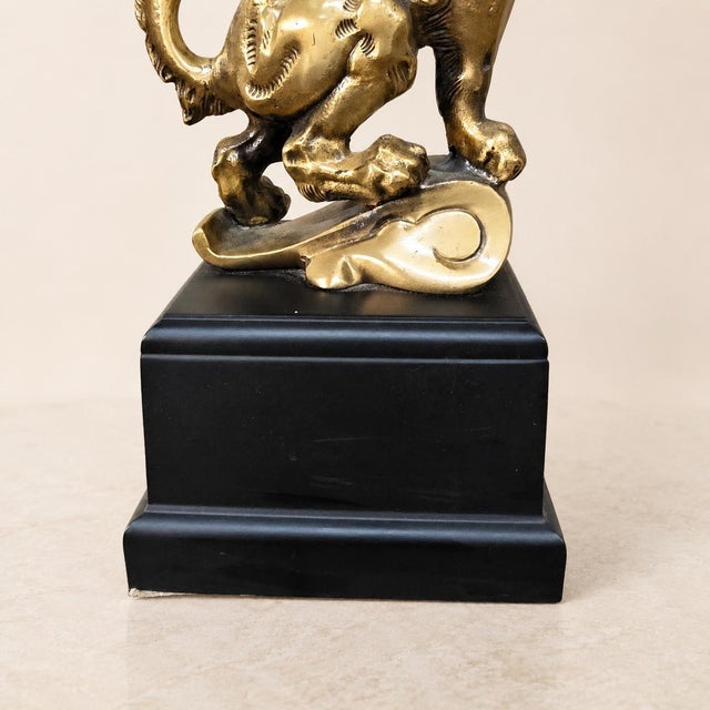 20th Century Brass-Tone Lion Table Lamp, Neoclassical Black Shade, 28.5 Inch For Sale - Image 17 of 18