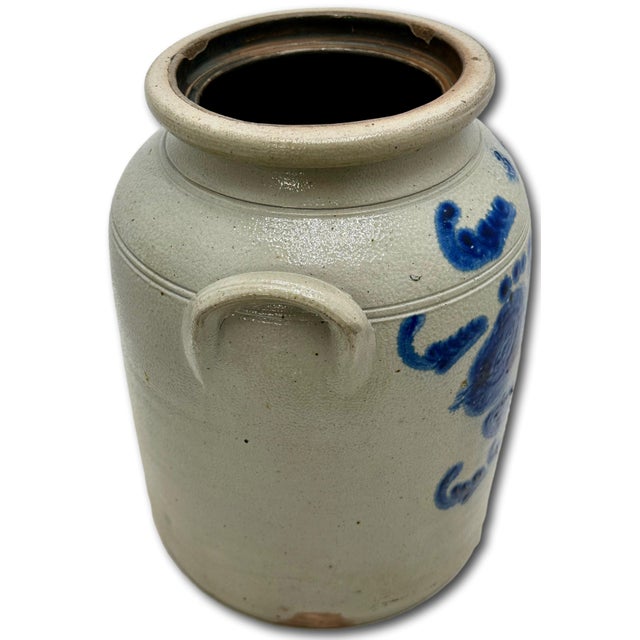 Ourtstanding Antique Large 3 Gallon Size American Blue Hand Decorated Stoneware Butter Churn - Circa 1870s For Sale - Image 13 of 18