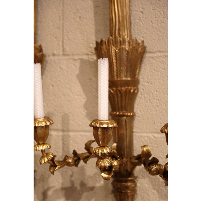 Wood Pair of Vintage French Louis XVI Style Carved Giltwood Three-Light Wall Sconces For Sale - Image 7 of 9