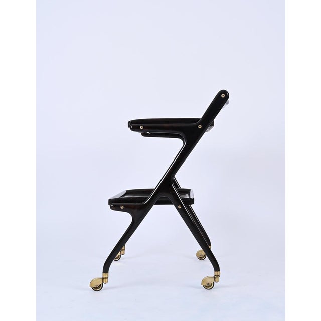 Black Mid-Century Italian Trolley Bar Cart in Wood and Glass attributed to Cesare Lacca, 1950s For Sale - Image 8 of 16