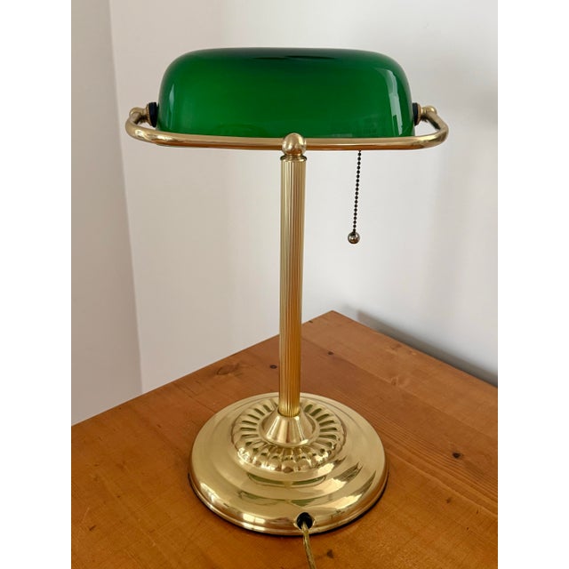Metal Mid 20th Century Art Deco Emeraldite Shade Brass Banker Lamp With Ball Pull For Sale - Image 7 of 11