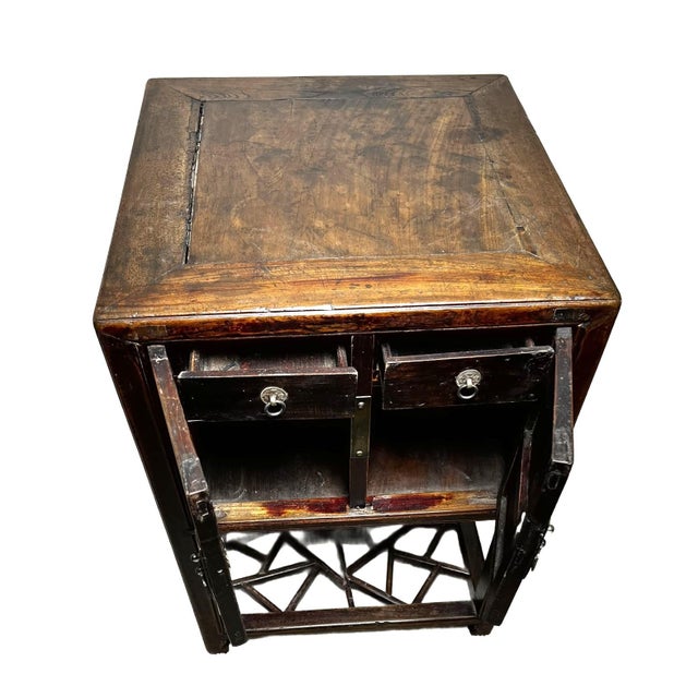 Antique Chinese Wood Cabinet With Decorative Fretwork Cracked Ice on Base For Sale - Image 4 of 12