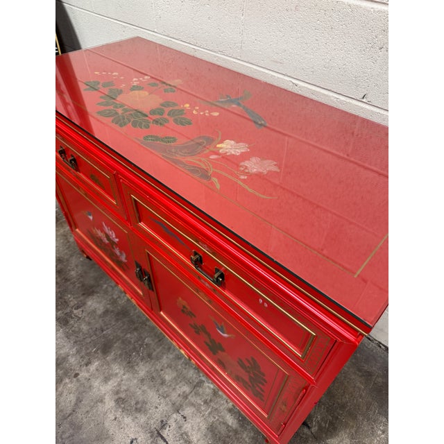 Hand Painted Red Lacquered Chinoiserie Cabinet For Sale - Image 4 of 12