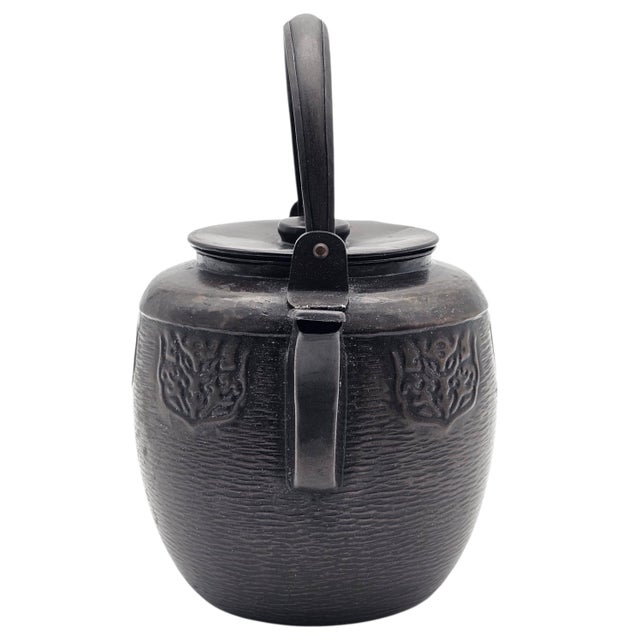Vintage Japanese-Style Cast Metal Teapot With Hammered Texture and Crest Cartouches For Sale - Image 9 of 16