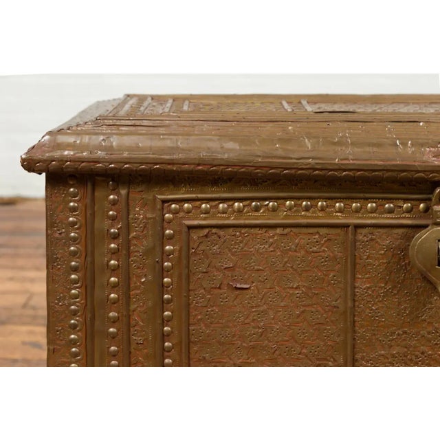 Brown Antique Indian Blanket Chest with Bronze Sheathing, Geometric Patterns and Studs For Sale - Image 8 of 13
