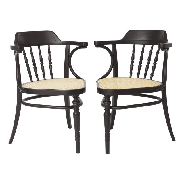 Mid-Century Style Black Beech Bentwood Armchairs with Vienna Cane Seats, 1990s, Set of 2 For Sale