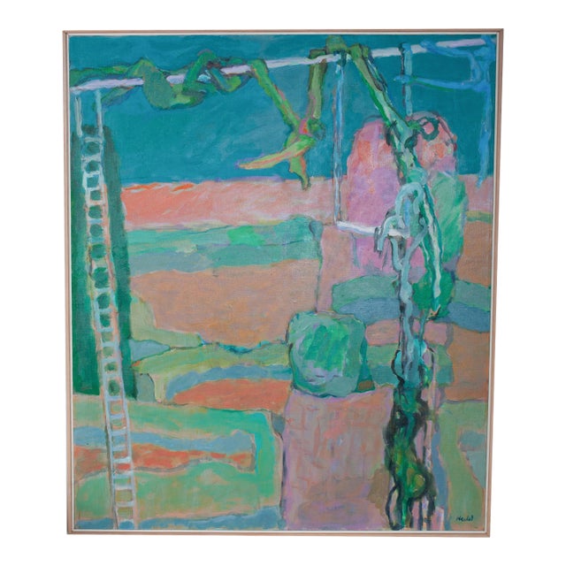 Large American Nw Abstract Expressionist Painting Circus "Wire Performance" by Fredrick Heidel, 1993 For Sale