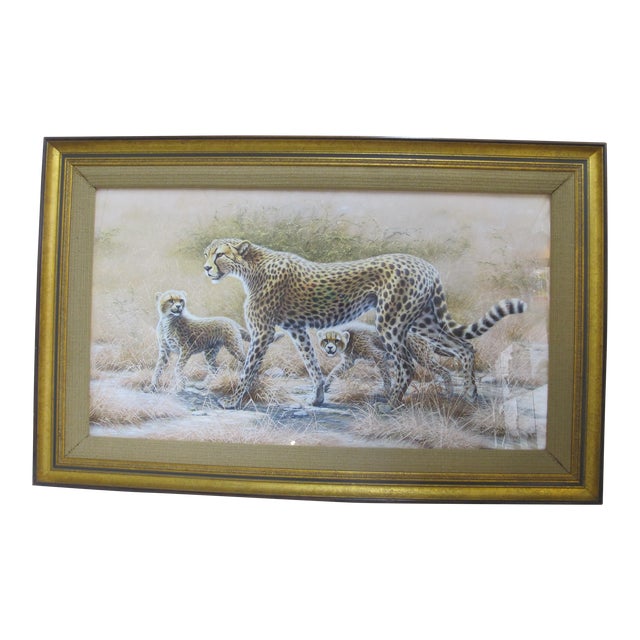 Kim Brooks Signed Watercolor & Gouache Framed Cheetah Mom & Babies Painting For Sale