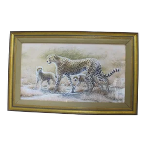 Kim Brooks Signed Watercolor & Gouache Framed Cheetah Mom & Babies Painting