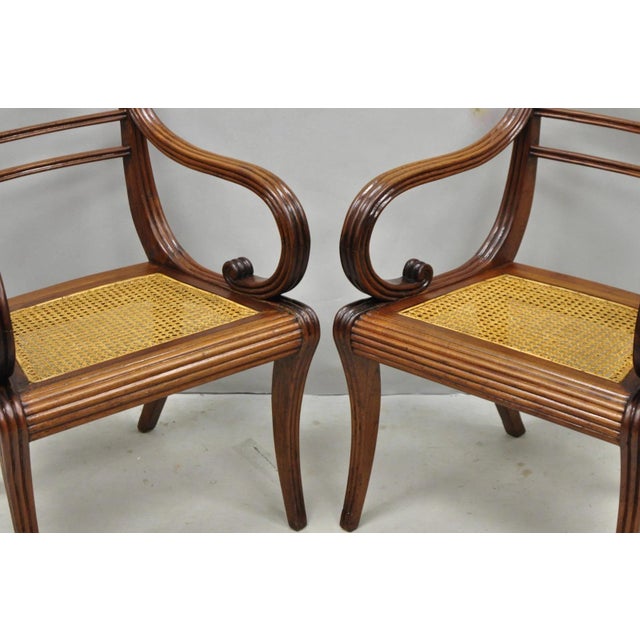 Vintage English Regency Style Cane Seat Mahogany Saber Leg Arm Chairs - A Pair For Sale - Image 9 of 18