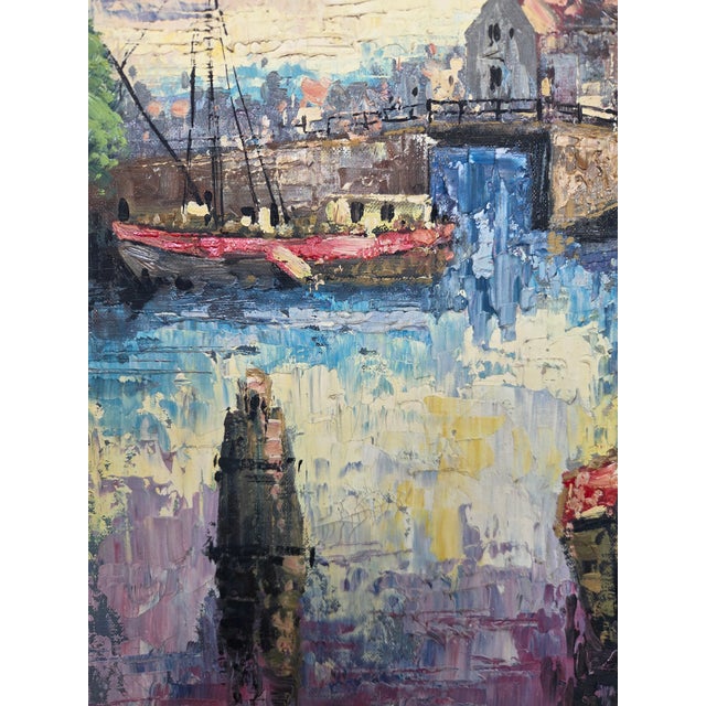 Wood Mid-Century John F. Helm (B. 1900-1972) Harbor Scene Oil Painting on Canvas For Sale - Image 7 of 10