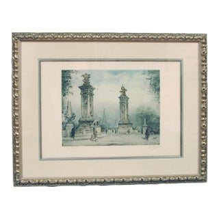 1920s Large Hand-Colored French Etching by Charlet, Pont Alexandra, Paris, Misty Mood... For Sale