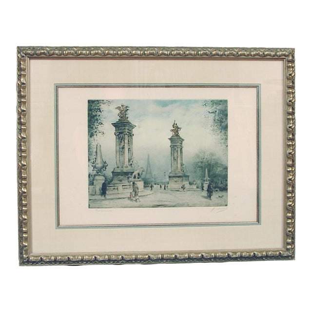 1920s Large Hand-Colored French Etching by Charlet, Pont Alexandra, Paris, Misty Mood... For Sale