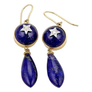 Late 20th Century Pair of Diamond Star & Lapis 9k Two Tone Gold Drop Dangle Earrings For Sale