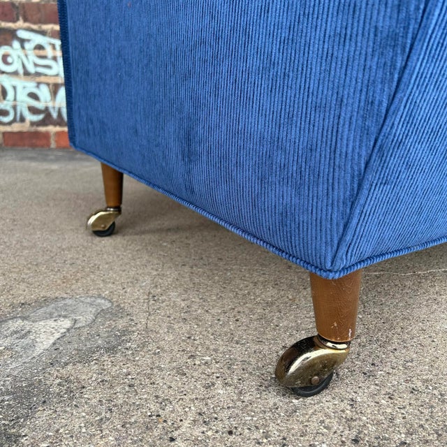 Mid-Century Modern Mid Century Modern Sofa Reupholstered Blue Corduroy on Casters Possibly Selig For Sale - Image 3 of 11