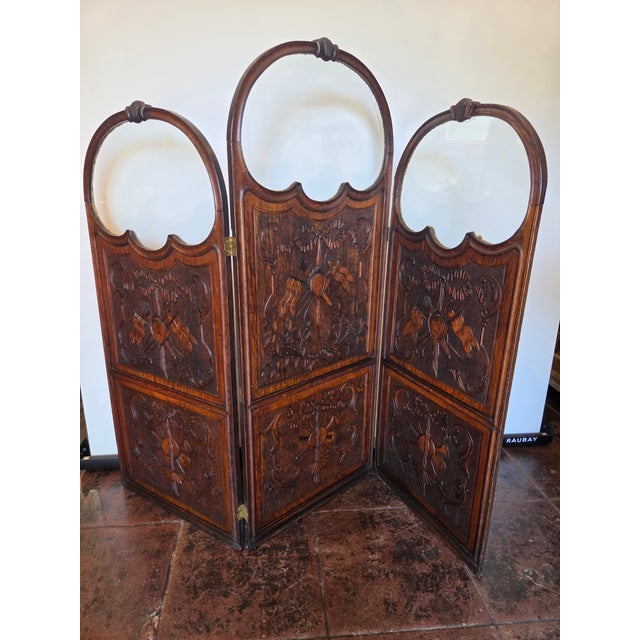 Art Nouveau Three-Panel Hand Carved Oak Screen Military or Musical Dressing Screen For Sale - Image 9 of 13