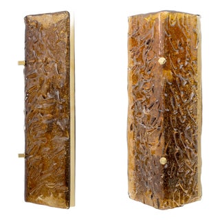 Amber Murano Glass and Brass Sconces from Mazzega, Set of 2 For Sale