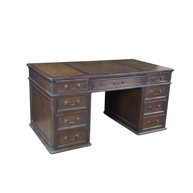 English Sligh Furniture Late 20th Century Tooled Leather Executive Office Library Desk For Sale - Image 3 of 14