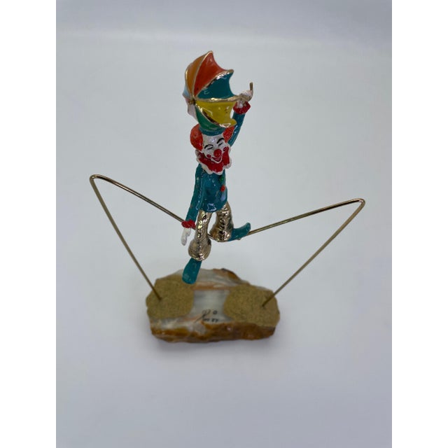 1980s Vintage Ron Lee High Wire Circus Clown Sculpture With Umbrella on Natural Onyx Base, Signed 1984 For Sale - Image 5 of 11