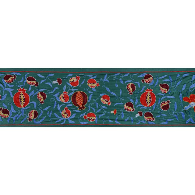 Mid-Century Modern Green Uzbek Suzani Embroidered Table Runner – Red Pomegranate Floral Boho Textile 1'8'' X 6'1'' For Sale - Image 3 of 12