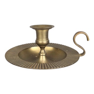 Art Deco Solid Brass Candlestick Holder With Dripping Tray and Handle For Sale