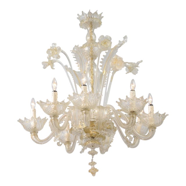1940s Ornate 8-Light Murano Glass Chandelier, Italy For Sale