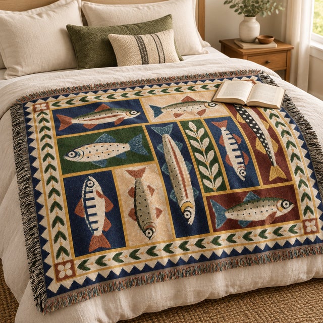 Mackenzie Childs Folk Art Fish Woven Throw Blanket – Coastal Patchwork, 60 × 50 For Sale - Image 4 of 5
