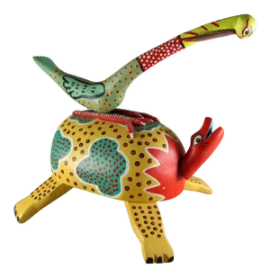 Vintage David Blas Oaxaca Mexico Citrine Garnet Folk Art Wood Alebrije Carving Killer Bird & Turtle