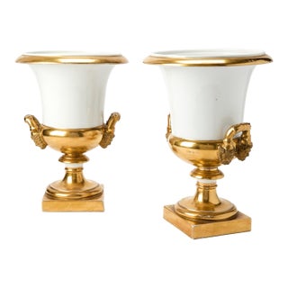Monumental Antique French Empire 19th Century Paris Porcelain Urns or Vases in White & Gold - A Pair For Sale