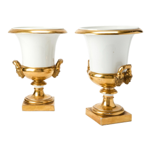 Monumental Antique French Empire 19th Century Paris Porcelain Urns or Vases in White & Gold - A Pair