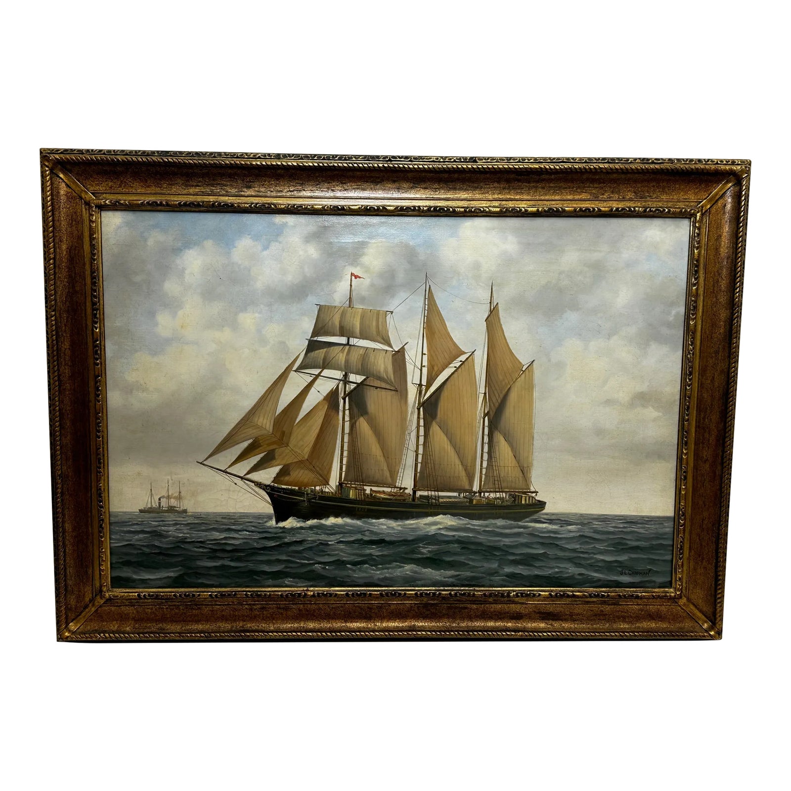 20th Century British Seascape Oil Painting Schooner Sailing Ship ...