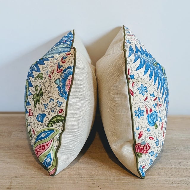 Transitional Quadrille Les Indiennes Lumbar Pillows in Blue, Rouge and Green With Green Cord For Sale - Image 3 of 7