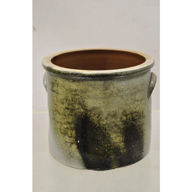 Beige Antique Stoneware Salt Glazed 9" Round Pottery Crock Pot With Blue Flower For Sale - Image 8 of 12