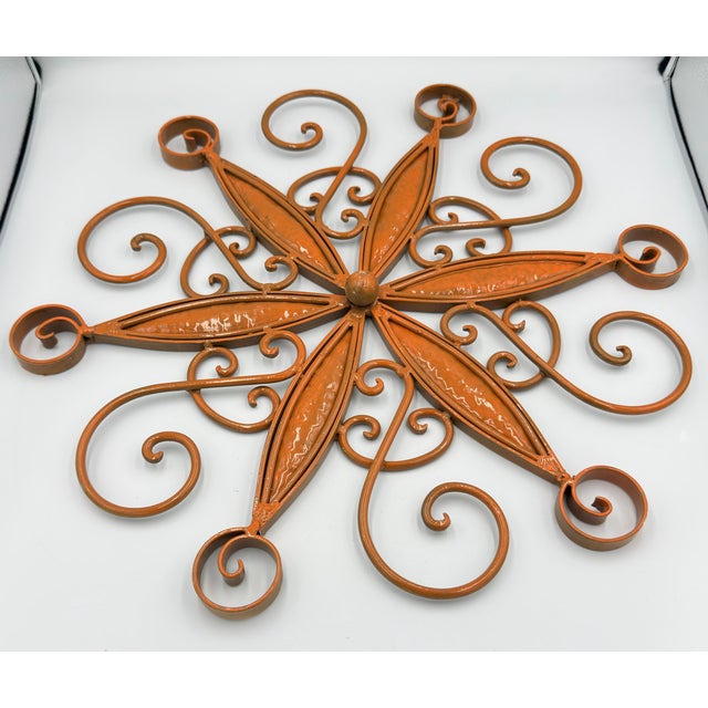 French Country Wrought Iron Metal Art Work Enamel Starburst Medallion Wall Decor For Sale - Image 4 of 6