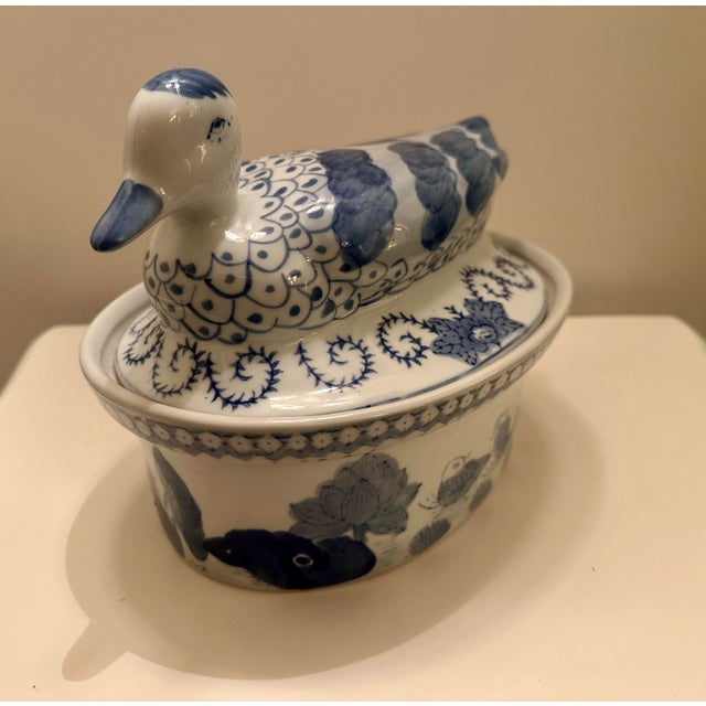 Vintage Blue and White Porcelain Duck Tureen For Sale - Image 9 of 11