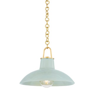 Hudson Valley Lighting Pottersville 12.5 in. 1 Light Pendant in Aged Brass and Ceramic Moss Crackle Finish For Sale