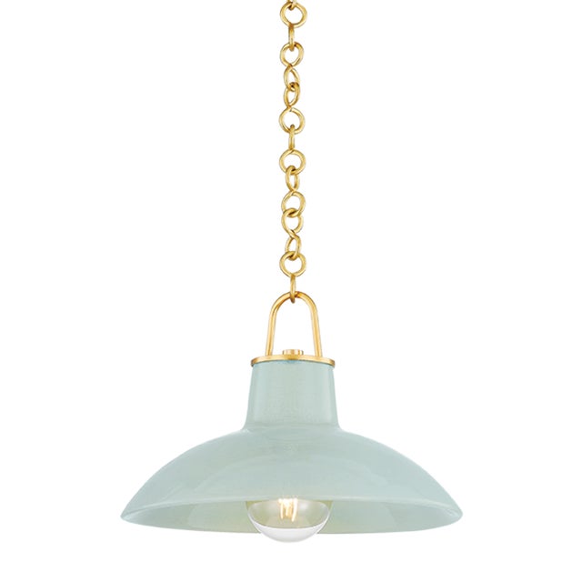 Hudson Valley Lighting Pottersville 12.5 in. 1 Light Pendant in Aged Brass and Ceramic Moss Crackle Finish For Sale