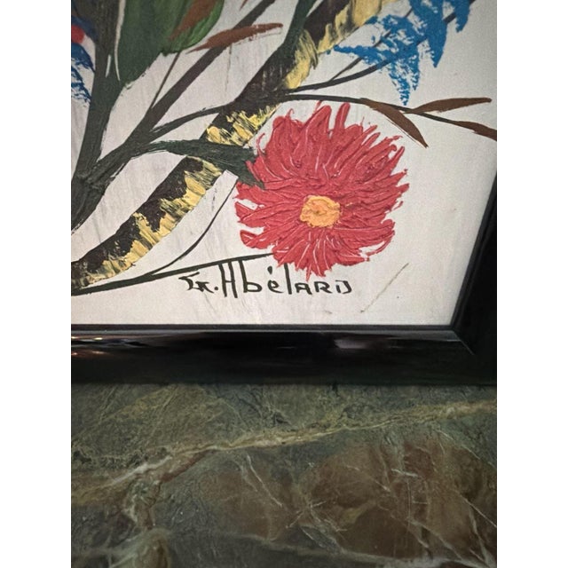 Original Haitian Mid-Century Modern oil painting by Gesner Abelard, featuring birds in a flowering bush. This vibrant folk...