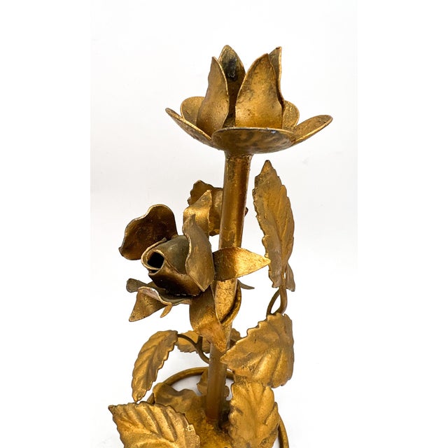Vintage Italian Gilt Tole Rose Candleholders - Pair - Hollywood Regency, Romantic For Sale In Houston - Image 6 of 10