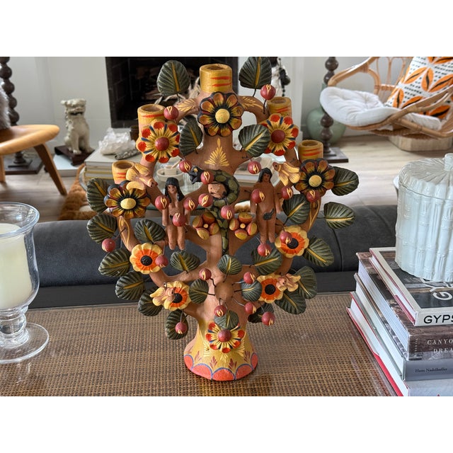 Mexican Mexican Folk Art Ceramic Candelabra Tree of Life Adam and Eve For Sale - Image 3 of 8