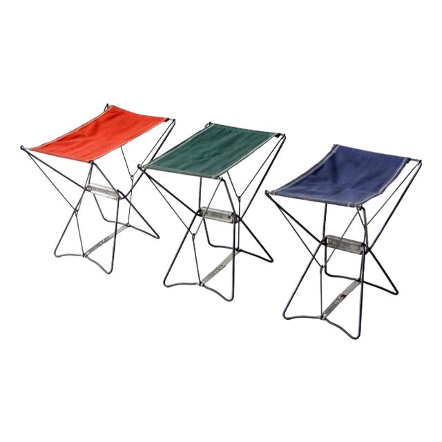 Set of 3 Mid-Century French Folding Camp Stools For Sale