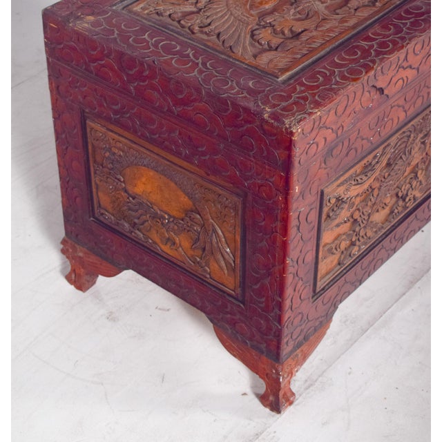 Antique Painted Oriental Carved Chest For Sale - Image 13 of 14